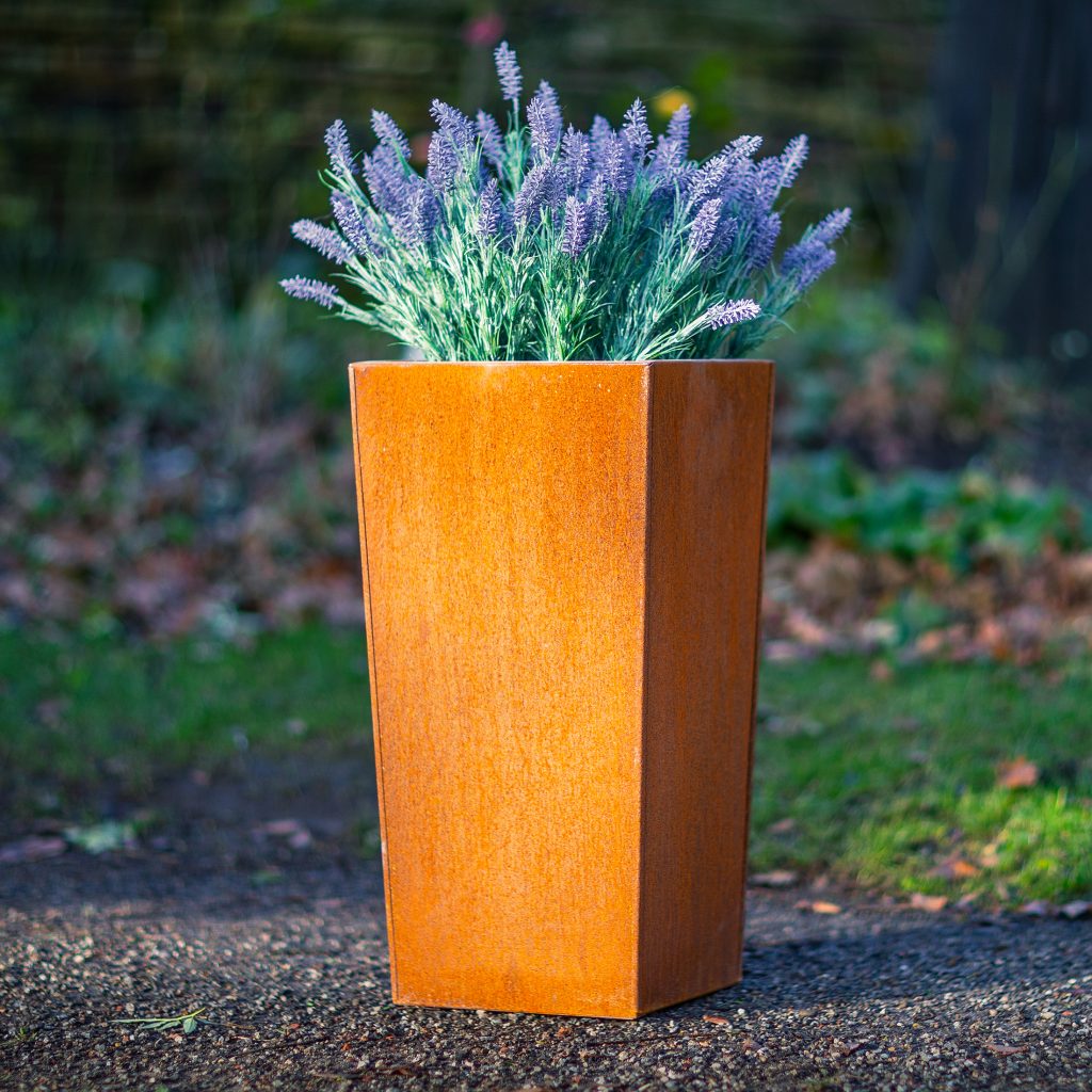 Corten-tapered-square-metal-planter-by-europlanters